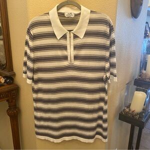 HERMÈS Men Black White Cotton Striped 1/4 Zipped Polo Short Sleeve Top Size XXL